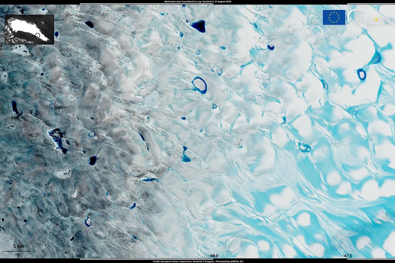 Satellite view of meltwaters flowing across the Greenland ice cap near Kangerlussuaq, showing the dramatic effects of accelerating ice melt
